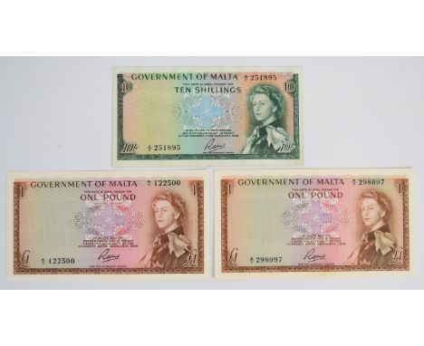 Three Malta 1963 10 Shillings and £1 banknotes signed R. Soler  
