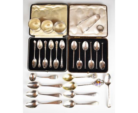 Hallmarked silver cutlery comprising two cased sets of six teaspoons, six Georgian teaspoons, fiddle pattern salt spoon and t