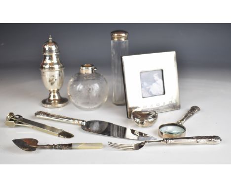 Hallmarked silver and silver mounted items comprising Concorde feature hallmarked photograph frame, weight 12cm, sugar caster