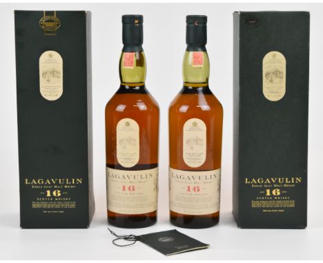 Two bottles of Lagavulin 16 year old Single Islay Malt Scotch Whisky, 43% vol, 70cl, both in original presentation boxes. PLE