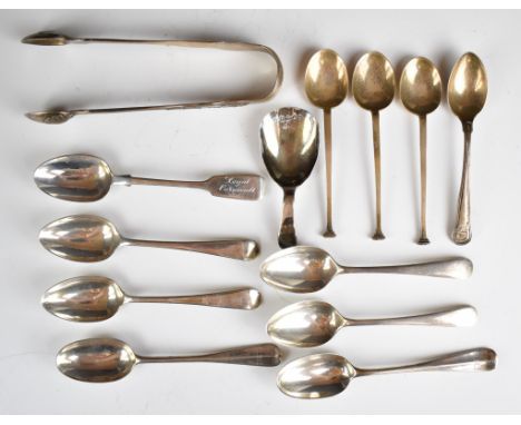 Georgian and later hallmarked silver cutlery comprising Victorian King's pattern sugar tongs, Georgian caddy spoon and eleven