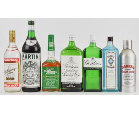 Seven bottles of mixed spirits to include Stolichnaya Russian Vodka 40% vol, Gordons Special Dry London Gin 37.5%, Evan Willi