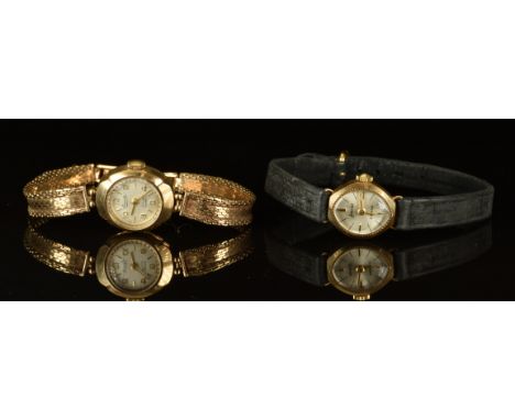 Two 9ct gold ladies wristwatches, Everite with gold hands and Arabic numerals, silver dial and 17 jewel movement, on 9ct gold