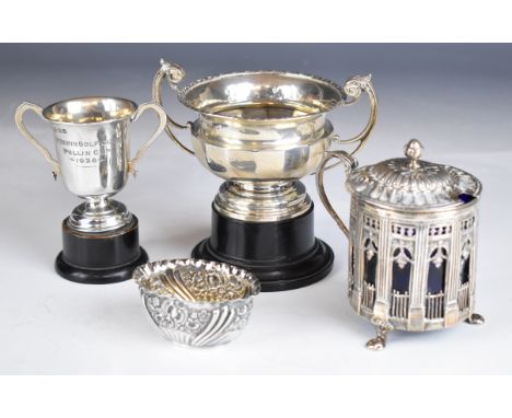 Two hallmarked silver trophy cups, width of larger 13cm, Victorian hallmarked silver open salt and a 19th century French silv