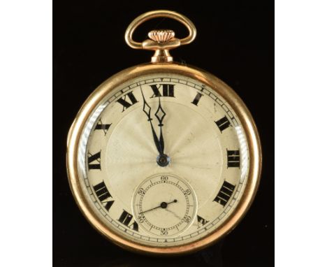 Art Deco 9ct gold&nbsp;keyless winding open faced pocket watch&nbsp;with subsidiary seconds dial, blued hands, black Roman nu