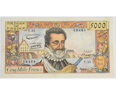 France 1958 5,000 Francs banknote featuring Henry IV  