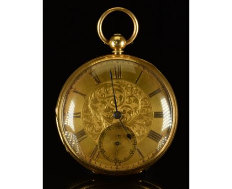 Joesph &amp; Co 18ct gold open faced pocket watch with subsidiary seconds dial, blued hands, gold Roman numerals, engraved go