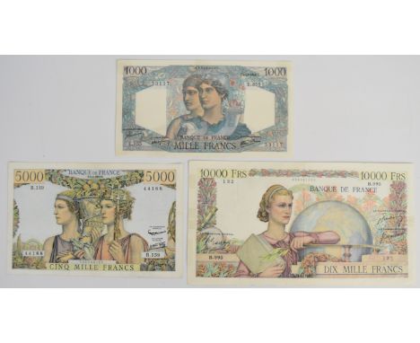 Three France post-WW2 banknotes including 1950 10,000 Francs  