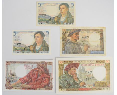 Five France 1940s banknotes including high grade WW2 issue 5, 20 and 50 Francs