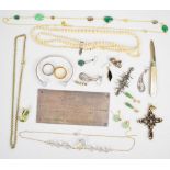 A collection of jewellery including a pair of 9ct gold earrings set with jadeite, a double strand of