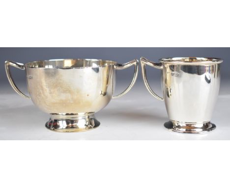 Art Deco hallmarked silver twin handled bowl and matching tankard or mug, Sheffield 1934, maker&nbsp;Lee &amp; Wigfull, width