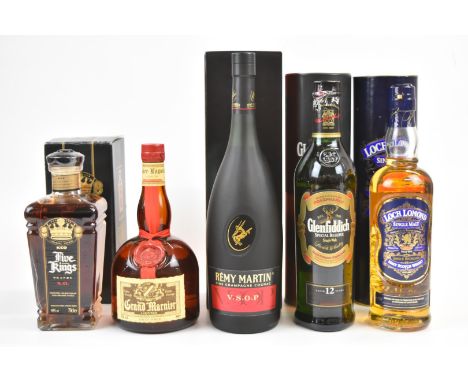 Five bottles of mixed spirits and liqueurs comprising Five Kings Brandy XO 70cl, Loch Lomond Single Malt Scotch Whisky 70cl, 