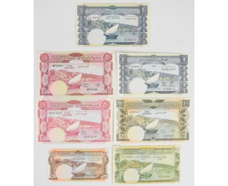 Seven Yemen 1965-84 banknotes, including 250, 500 Fils and 1, 5 and 10 Dinars, all undated (1965) Federation of South Arabia 