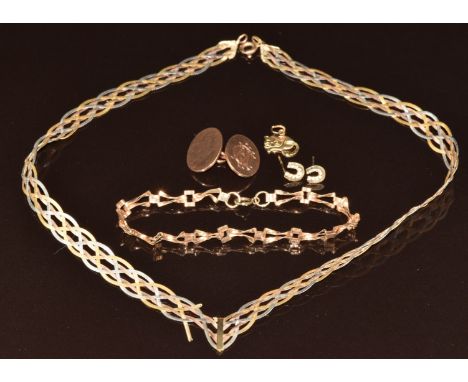 A 9ct gold necklace and bracelet (damaged), single 9ct gold cufflink, pair of 9ct gold earrings in the form of horseshoes and