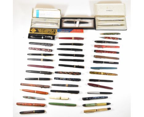 Forty-four fountain and ballpoint pens including Parker, Wyvern 60C, Savoy, Borghini, Conway Stewart, Morrisons, Regency, Rel