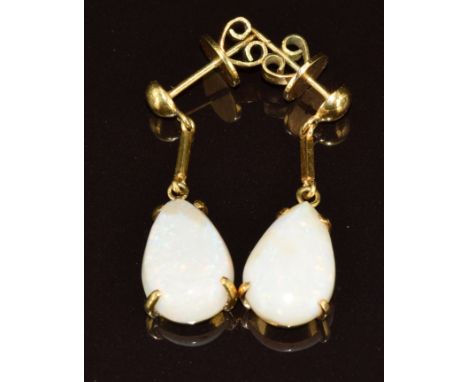 A pair of 14k gold earrings each set with a pear cut opal, 5.9g&nbsp;