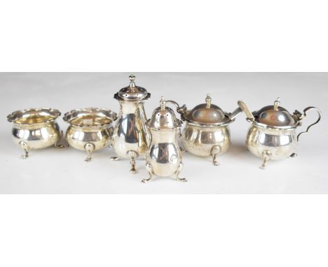 Hallmarked silver cruet set items comprising two each of pepper, salt and mustard, with three spoons, height of tallest 8cm, 