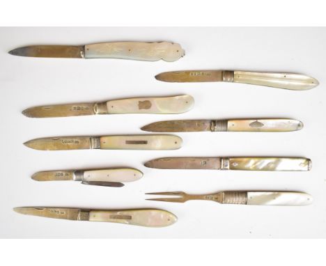 Eight Georgian and Victorian hallmarked silver and mother of pearl fruit knives and a similar folding fork, maximum length of