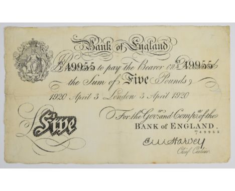 Bank of England 1920 E.M. Harvey white £5 banknote, London, 3rd April 1920  