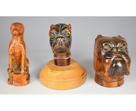 18th / 19thC carved treen figure of a dog, 19thC walking stick handle and a hinged boxer dog inkwell, probably olive wood, ta