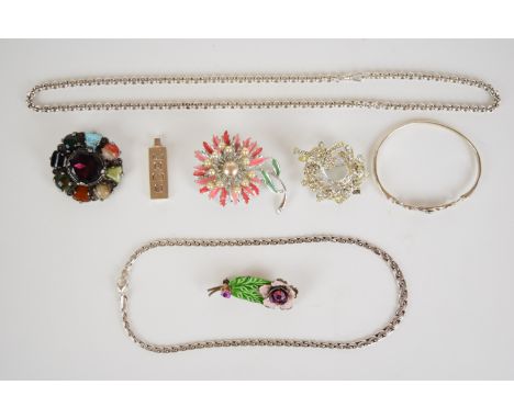Two silver necklaces, silver bangle, silver ingot pendant (93g) and three brooches including Miracle and Exquisite