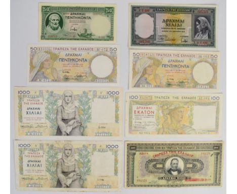 Eight Greece pre-WW2 (1922-1939) banknotes, including 1935 Issue 50, 100 and 1000 Drachmai / Drachma  