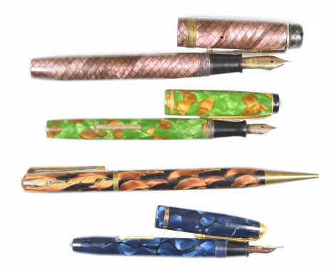 Four pens comprising Kingswood, Conway Stewart Dinky 550 and Burnham 49 fountain pens and a Harby propelling pencil.&nbsp;