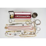 A collection of jewellery, some silver including bangle, christening bangle, brooch and earrings set