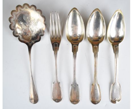 French silver cutlery comprising three table spoons, dinner fork and a serving scoop, all with Minerva head marks, length of 