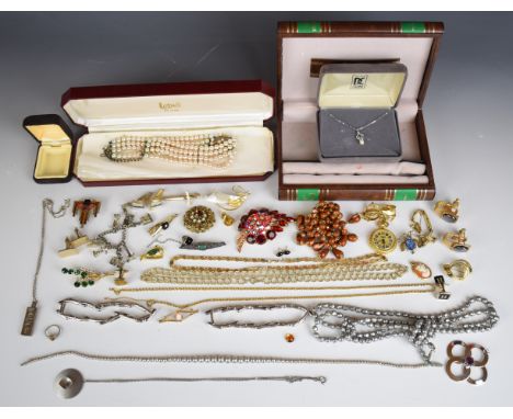 A collection of costume and silver jewellery including vintage brooch, cufflinks, rolled gold pendant, silver ingot pendant, 