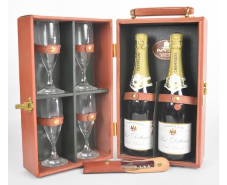 Papworth, Cambridge, England leather cased champagne picnic set, the case opening to reveal two 75cl bottles of Paul Deltours