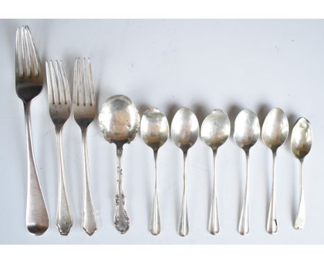 William IV and later hallmarked silver cutlery comprising dinner fork, two dessert forks, jam or similar spoon and six coffee