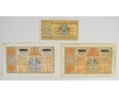 Three Bank of Scotland WW2 banknotes including £5 dated 1940 and 1944  