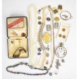 A collection of jewellery including yellow metal bangle (4.4g), two French paste buckles, three