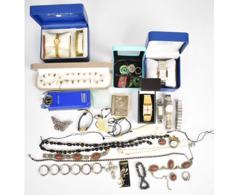 A collection of jewellery including white metal suite of jewellery, silver bracelet, Rotary watches, silver rings, pearl neck