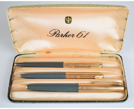 Parker 61 pen set comprising fountain pen, ballpoint pen and propelling pencil, in fitted case.&nbsp;