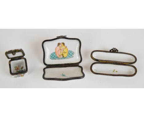 Three French enamel boxes, one marked Palais Royale with boy fishing to front, another with cockerel atop a cannon, length of