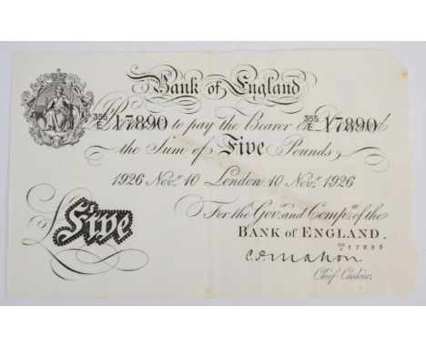 Bank of England 1926 C.P. Mahon white £5 banknote, London, 10th Nov. 1926  