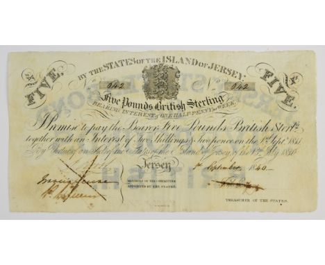 States of Jersey 1840 &pound;5 Sterling banknote, pen cancelled with an 'X'