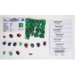 A collection of loose gemstones including 18 emerald cut emeralds (378ct), three oval emeralds (21.