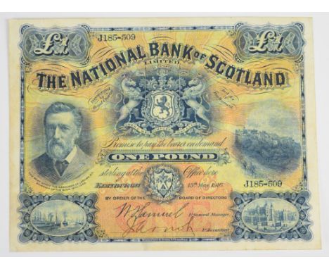 National Bank of Scotland 1916 £1 banknote with one hand signed and one printed signature  