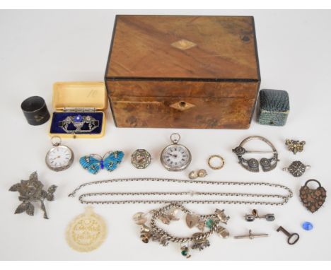 A collection of silver jewellery including two fob watches, charm bracelet with ten charms, brooch set with marcasite, heart 