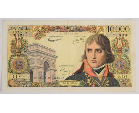 France 1958 10,000 Francs banknote featuring Napoleon Bonaparte   