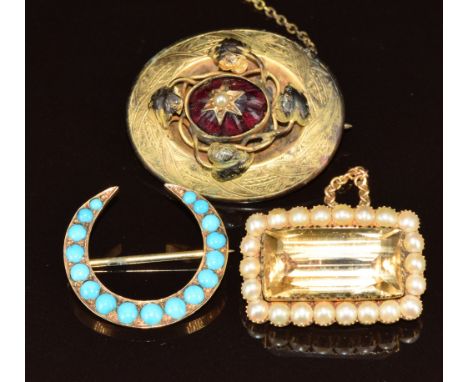 Victorian 9ct gold crescent brooch set with turquoise cabochon (2.6g), Victorian yellow metal brooch set with a foiled garnet