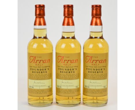 Three bottles of The Arran Malt Founder's Reserve Single Island Malt Scotch Whisky, 43% vol, 70cl, together with three flat p