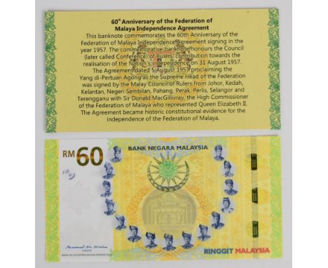 Malaysia 2017 60 Ringgit banknote commemorating the 60th Anniversary of Independence, with original information card  