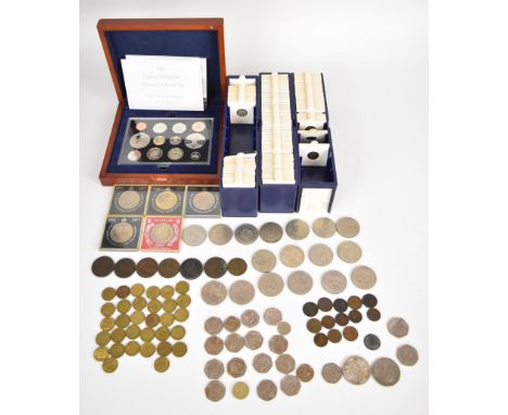 Charles II, Georgian, Victorian and Elizabeth II British coinage to include farthings, groats, 3 pence and pennies including 