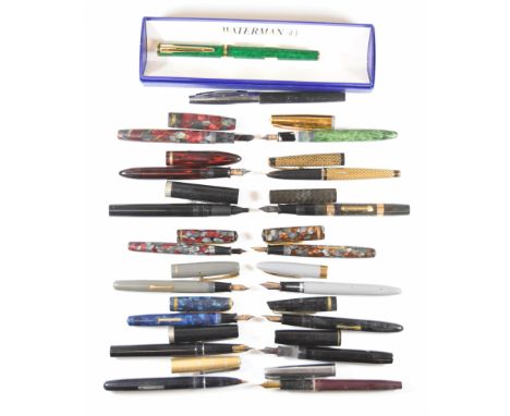 Eighteen fountain pens comprising six Waterman, four Burnham, four Sheaffer, two Platignum and two Osmeroid, one in original 