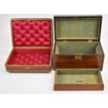 A tooled leather jewellery box and a wooden box with key