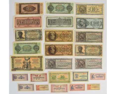 Twenty five Greece WW2 banknotes including 1940, 1941 low-denomination and hyperinflation notes  